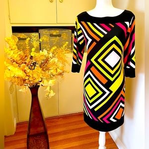 EMMA & MICHELE Geometric pattern, bright-colored MIDI dress: SIZE L